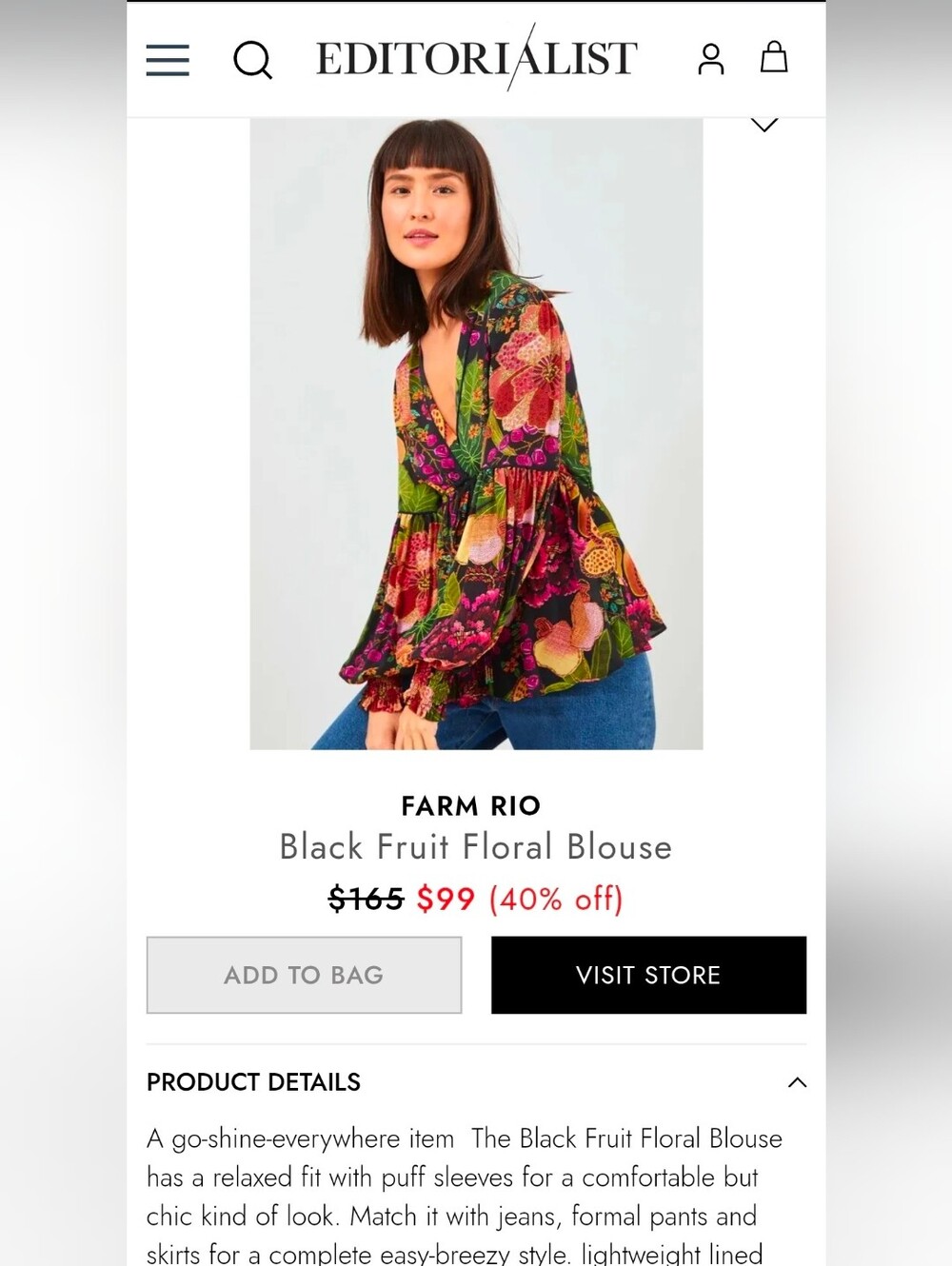 FARM Rio Black Fruit Floral Blouse - Size MEDIUM